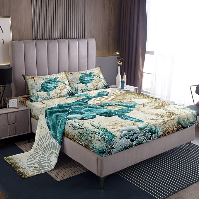 Sea Turtle Bedding Set,Ocean Beach Themed 4 Piece Sheet Set Children Teens Retro Tortoise Bed Sheet Set Hawaiian Reptile Turtle Printed Bed Set Includes 1 Fitted Sheet,1 Flat Sheet,2 Pillowcases,King by Erosebridal