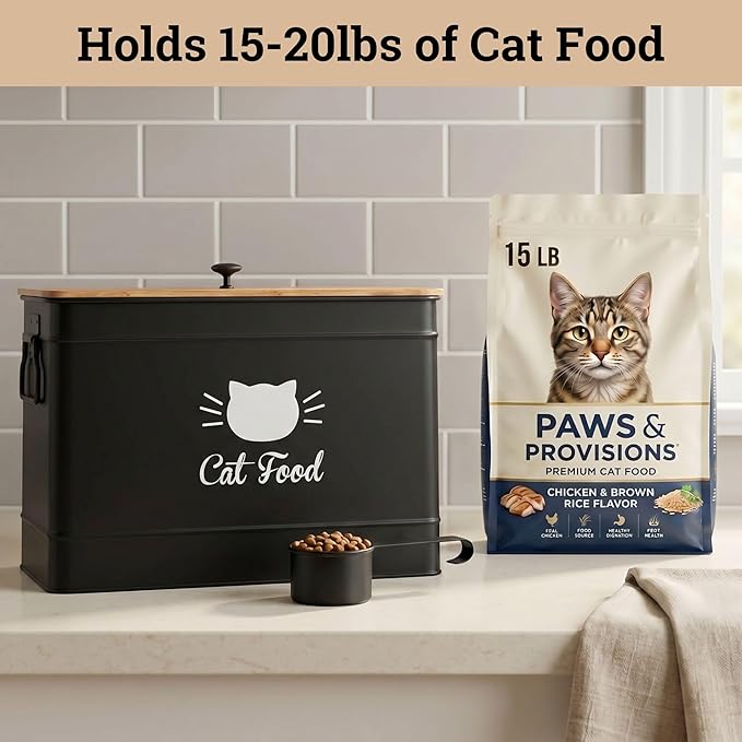 Metal Cat Food Container with Scoop, 15lb (50 Cup) w/ Airtight Bamboo Lid | 15 lb / 50 Cup Capacity, 1 Cup Metal Scoop, Durable Powder Coated Iron Body, Rubber Lined Bamboo Lid, Sturdy Metal Handles - Image 3