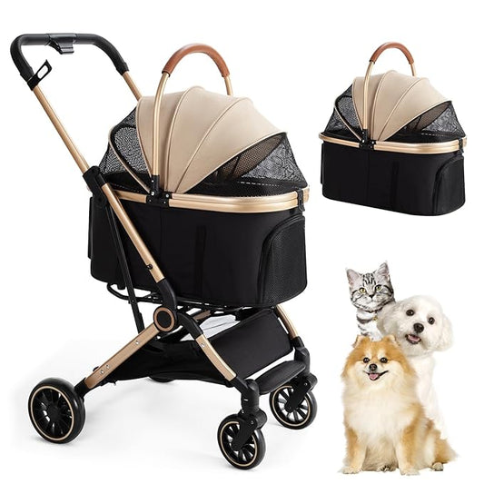 3 in 1 Pet Stroller with 4 Wheels, Foldable Pet Travel Carrier for Small/Medium Dogs Cats up to 50lbs, Detachble Portable Cat Bag, Storage Basket