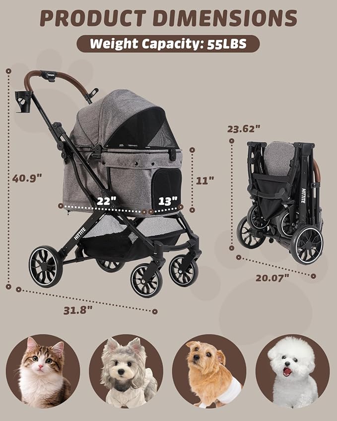 HITTITE Pet Stroller with Weatherproof Cover, All-Terrain 4-Wheel Cat & Dog Stroller with Adjustable Canopy, Foldable Dog Strollers with Storage Basket for Small to Medium Dogs Up to 55 lbs.