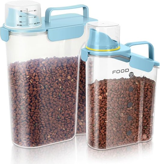 LEAWALK Dog Food Storage Container, Upgraded Large Nozzle BPA-free, 3+5 LBS Plastic Pet Food Storage Containers, With 4 Sealed Clasps, 1 Measuring Cup and Handle (Bright blue) by LEAWALK