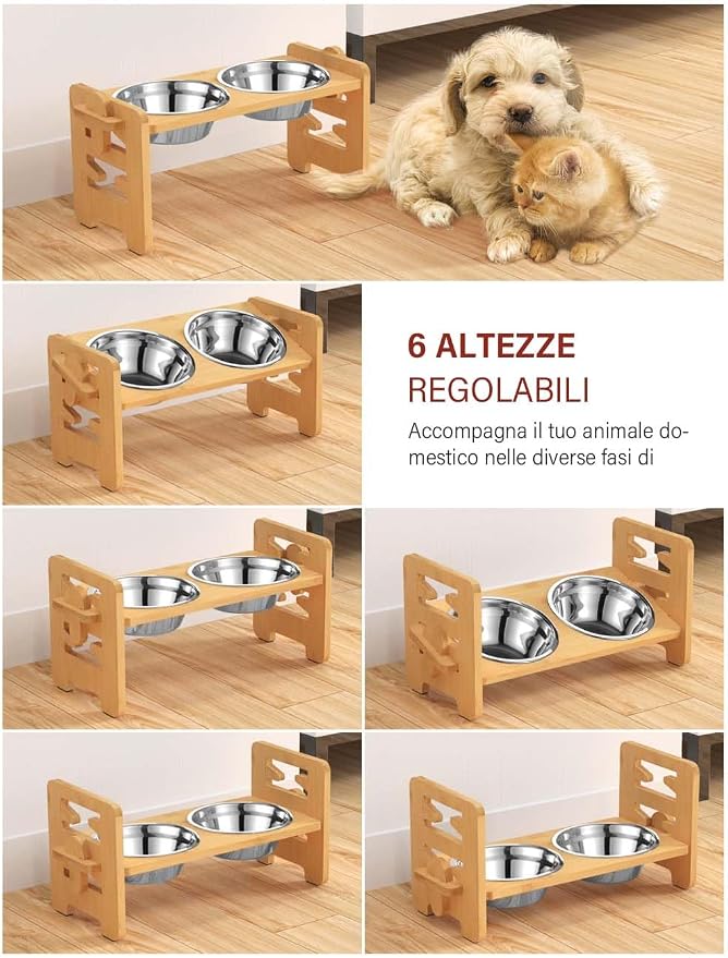 Vantic Elevated Dog Bowls with Mat, Adjustable Bowl Stand Small, Natural | Bamboo Raised Feeder with Mat and 2 Stainless Steel Bowls, Adjustable Height for Small Puppies and Cats - Image 3
