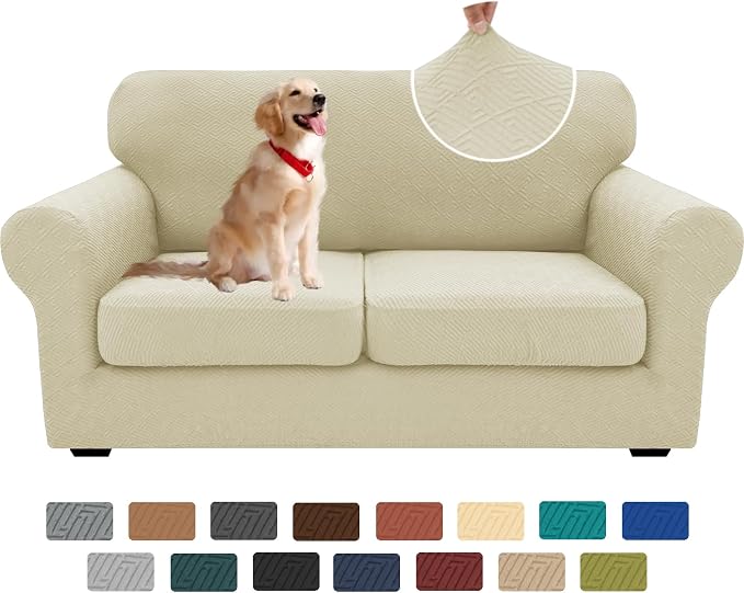 XINEAGE New 3 Pieces Couch Covers for 2 Cushion Sofa Super Stretch Loveseat Slipcover Pet Dog Universal Slip Cover Anti Slip Love Seat Furniture Protector (Light Beige, 55"-69") by XINEAGE