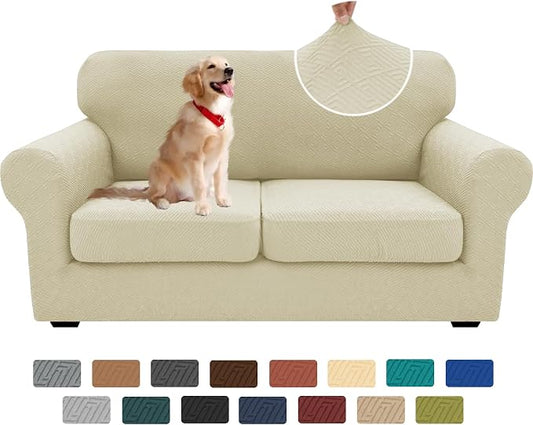 XINEAGE New 3 Pieces Couch Covers for 2 Cushion Sofa Super Stretch Loveseat Slipcover Pet Dog Universal Slip Cover Anti Slip Love Seat Furniture Protector (Light Beige, 55"-69") by XINEAGE