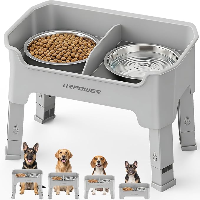 URPOWER Mess Proof Elevated Dog Bowls, Splash Guard Raised Bowl Stand | 4 Height Adjustable Raised Stand with 2 Stainless Steel Food Bowls & Licking Plate for Small, Medium & Large Dogs by URPOWER
