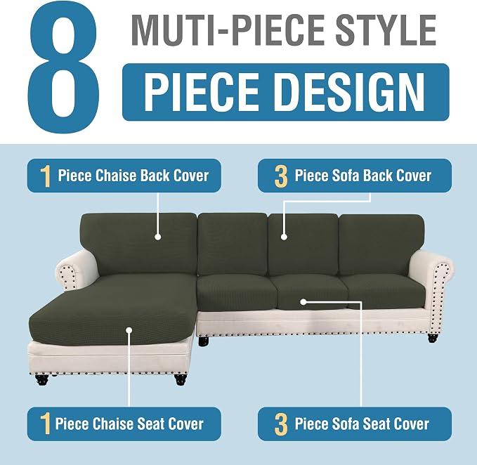 H.VERSAILTEX Sectional Couch Covers 4 Pieces Sofa Seat Cushion Covers L Shape Separate Cushion Couch Chaise Cover for Both Left/Right Sectional Couch (Seat Only: 1 Chaise + 3 Sofa, Olive) - Image 2