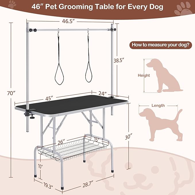 Yaheetech 46'' Dog Grooming Table for Large Medium Dogs at Home, Black | Portable Pet Grooming Table with Arm & Nooses, Foldable Design, Non-Slip Surface, Mesh Storage Tray, 264lbs Capacity - Image 3