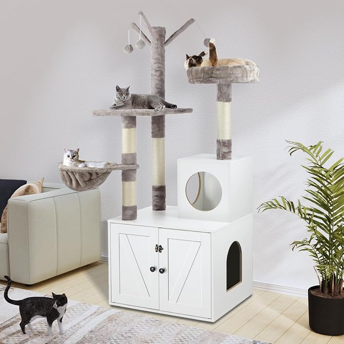 Timberer Litter Box Enclosure with Cat Tree, 2-in-1 Hidden Litter Box Furniture with Scratching Post, Modern Cat Condo, White - Image 9