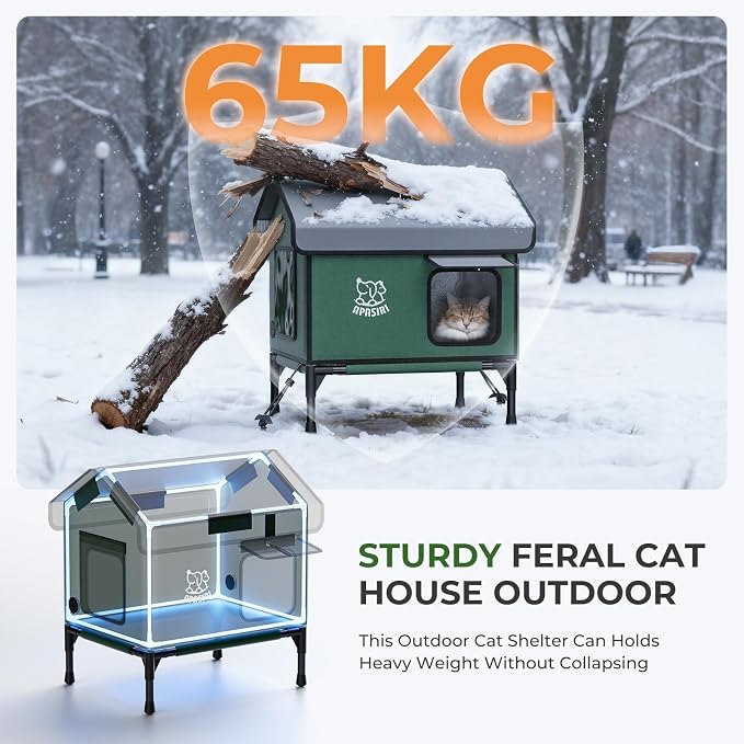 Heated Cat House Weatherproof - Insulated Outdoor Cat Shelter with Thermostatic Heating Pad, Water Resistant 900D Oxford Feral Cat House with Anti-Peep Curtains Escape Door for Winter, Medium - Image 4