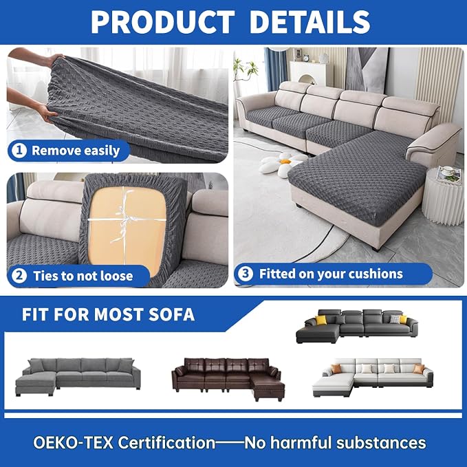 【Clearance】 Stretch Individual Cushion Covers Large Sofa Seat Cushion Slipcovers Soft Couch Cover Replacement Large Checkered Furniture Protector with Elastic Bottom (3 Pcs XL Cushion, Light Gray) - Image 5