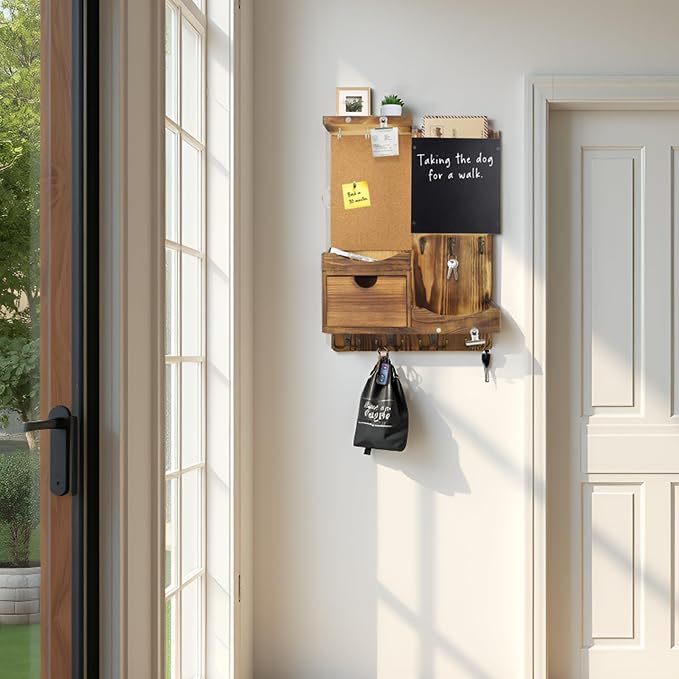 Key Holder Wall Mount， Mail Organizer Key Holder for Wall with Shelf, Drawer, Chalkboard, Corkboard, Home Decor Wall Mounted for Room Entryway(Natural Wood) - Image 3