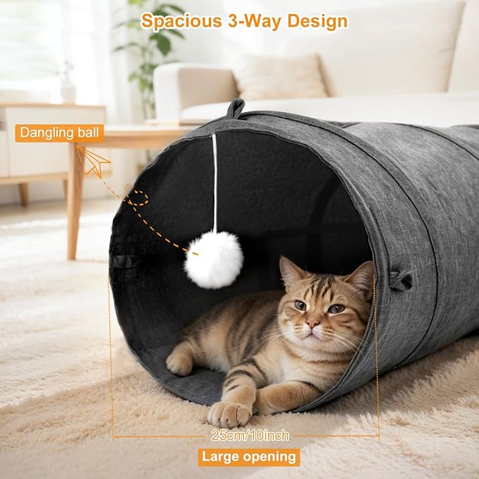 Ownpets Cat Tunnel Large 3 Way Collapsible Cloth Pet Tunnel Tube with Plush Ball & Feather Toy, U-Shaped Cat Play Tunnel for Indoor Cat, Puppy, Kitty, Kitten, Rabbit(Gray) - Image 3