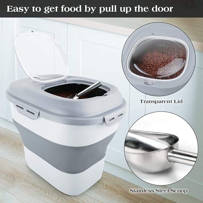 TIOVERY Dog Food Storage Container, Airtight Collapsible 13lb to 30lb Pet Food Container with Flip Top, Rolling Wheel, Scoop and 3L small container for Dog Cat Food and Dry Food of Rice, Flour - Image 3