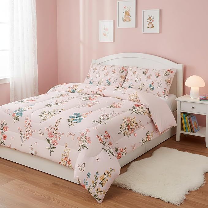 QOOMO Floral Comforter Set, Queen Size, Pink Floral, 3 Pcs Bedding Set, Printed Comforter with 2 Pillowcases, Down Alternative, Soft and Lightweight, All Seasons - Image 3