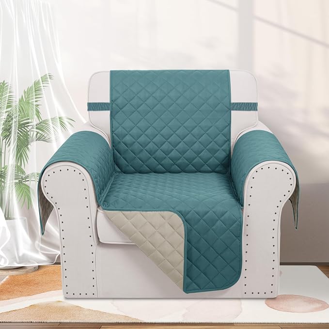 Reversible Recliner Chair Covers, 23" Chair, Blue/Beige | Chair Covers for Living Room with Elastic Straps, Water Repellent, Chair Protectors Covers for Dogs - Image 2