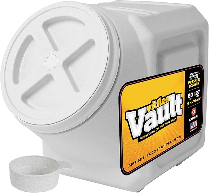 Vittles Vault Traditional Pet Food Storage Container For Dog Kibbles/Bird Seed/Oatmeal/Rice/Flour/Cereal, BPA Free Plastic, Sealed Airtight For Cat Food, Up To 60 lb, Made in USA, With Scoop, Gray by Gamma2