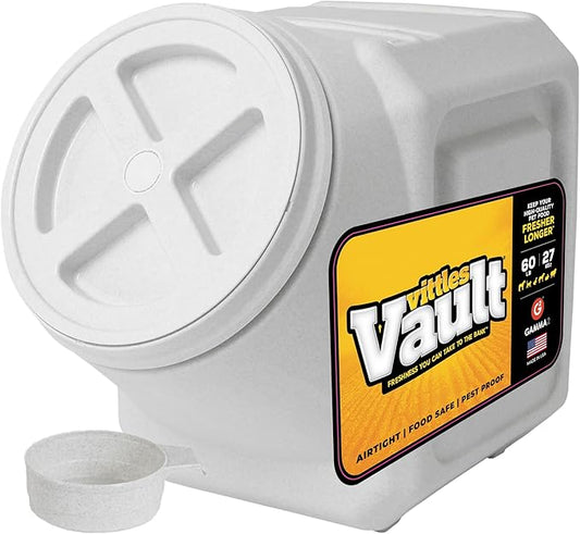 Vittles Vault Traditional Pet Food Storage Container For Dog Kibbles/Bird Seed/Oatmeal/Rice/Flour/Cereal, BPA Free Plastic, Sealed Airtight For Cat Food, Up To 60 lb, Made in USA, With Scoop, Gray by Gamma2