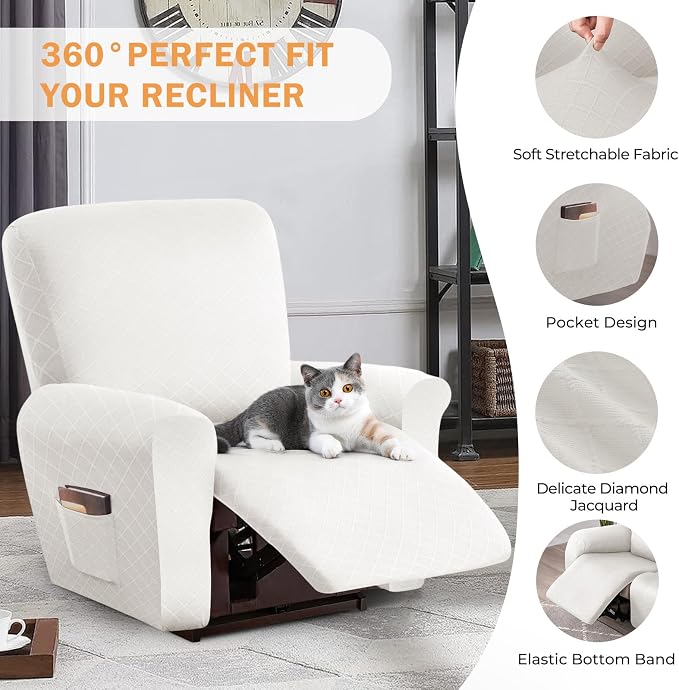 vctops Diamond Recliner Cover 4-Pieces Recliner Stretch Sofa Slipcover 1 Seater Couch Protector Soft Solid Furniture Protector Covers with Elastic Strap (White,1 Seat) - Image 4