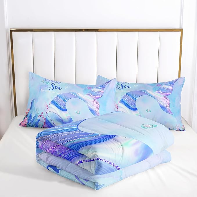 Nttopship Mermaid Princess Comforter Sets Twin Size for Boys Girls Bedding Set Sea Beach Ocean Blue Bedroom 1 Comforter with 2 Pillowcases - Image 4