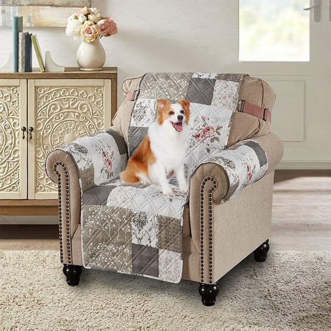 Brilliant Sunshine Pink Rose & Grey Toile Couch Armchair Cover, 23" seat | Patchwork Design, Non Slip Sofa Cover, Quilted Furniture Protector, Washable Chair Slipcover for Pets, Dogs & Cats by BrilliantSunshine