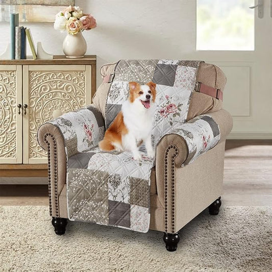 Brilliant Sunshine Pink Rose & Grey Toile Couch Armchair Cover, 23" seat | Patchwork Design, Non Slip Sofa Cover, Quilted Furniture Protector, Washable Chair Slipcover for Pets, Dogs & Cats by BrilliantSunshine