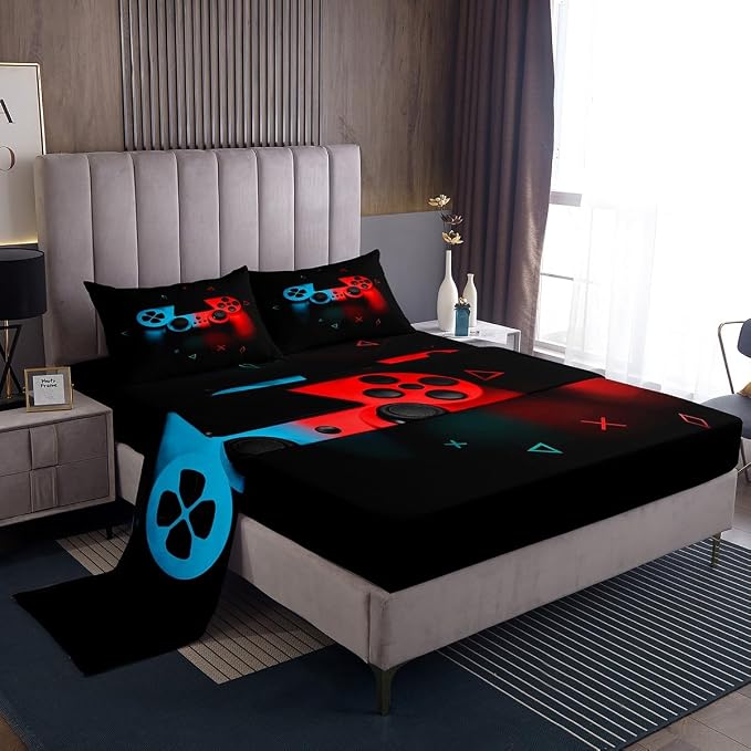 Gaming Bedding Sets for Boys Gamer Sheet Set King,Blue Red Gamepad Bed Sheet Sets Kid Men Video Games Fitted Sheet for Teen Child Game Room Decor Black Classic Retro Gaming Flat Sheet with Pillowcase by Erosebridal