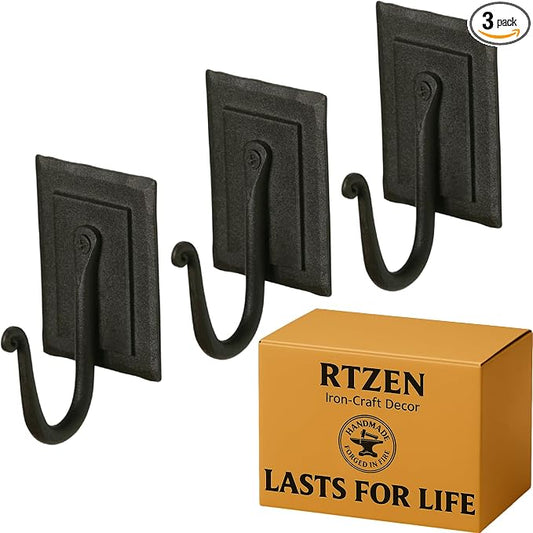 RTZEN Wall Mount Hook Set - Wrought Iron Decorative Rustic Metal Coat Hooks for Hanging - Handcrafted Classic Farmhouse Wall Mounted Black Hooks for Towel Robe or Hat Hanging - 3 Pack by RTZEN