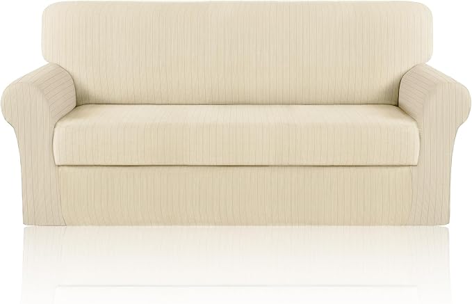 Sofa Cover Stretching Skid Resistance Couch Cover for Pets Washable, Thick and Durable Soft High Spandex Striped Pattern Sofa Covers, Form Fitted Sofa Slipcover(Sofa, Ivory) by ChengEase