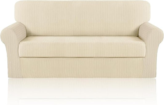 Sofa Cover Stretching Skid Resistance Couch Cover for Pets Washable, Thick and Durable Soft High Spandex Striped Pattern Sofa Covers, Form Fitted Sofa Slipcover(Sofa, Ivory) by ChengEase