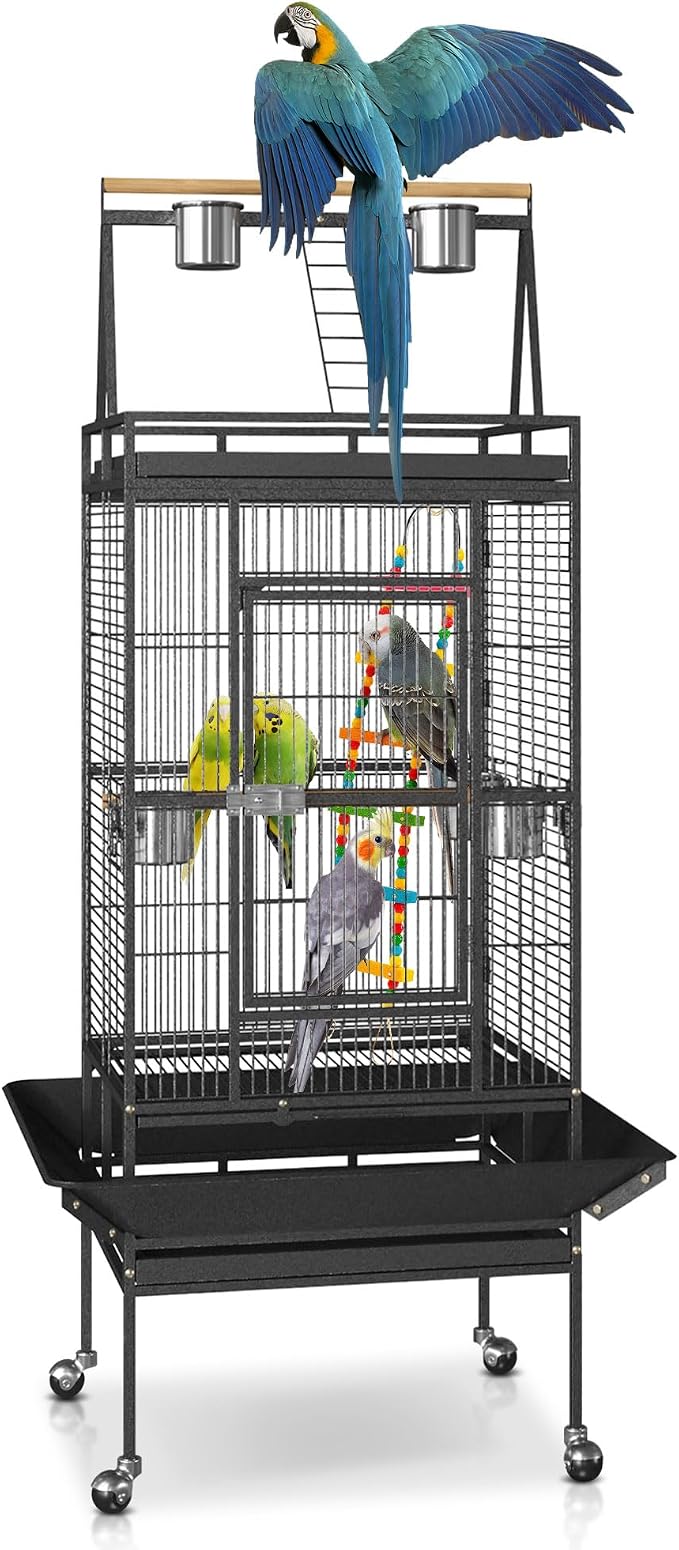 SUPER DEAL 68-inch Large Bird Cage with Rolling Stand African Grey Parrot Chinchilla Finch Cage Conure Cockatiel Cockatoo Pet House Wrought Iron Birdcage, Black by Superdeal