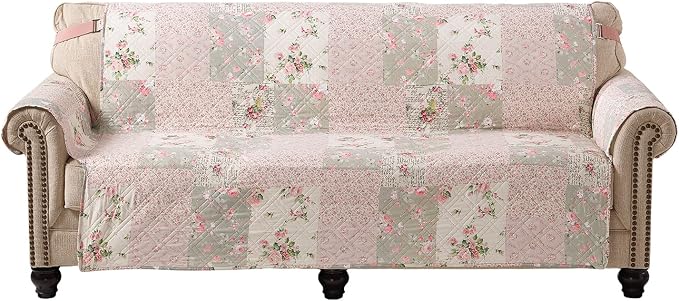 Brilliant Sunshine Rose and Sage Couch Cover, 70" seat | Traditional Patchwork Design, Non Slip Sofa Cover, Quilted Furniture Protector, Large Washable Slipcover for Pets, Dogs - Image 2