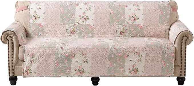 Brilliant Sunshine Rose and Sage Couch Cover, 78" seat | Traditional Patchwork Design, Non Slip Sofa Cover, Quilted Furniture Protector, Extra Large Washable Slipcover for Pets - Image 2