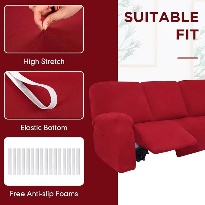 Peryiter 7 Pcs L Shape Sectional Recliner Sofa Covers 5 Seat Sectional Couch Covers Milk Silk Velvet Stretch Reclining Sofa Slipcover Furniture Protector for Living Room (Christmas Red,Milk Silk) - Image 3