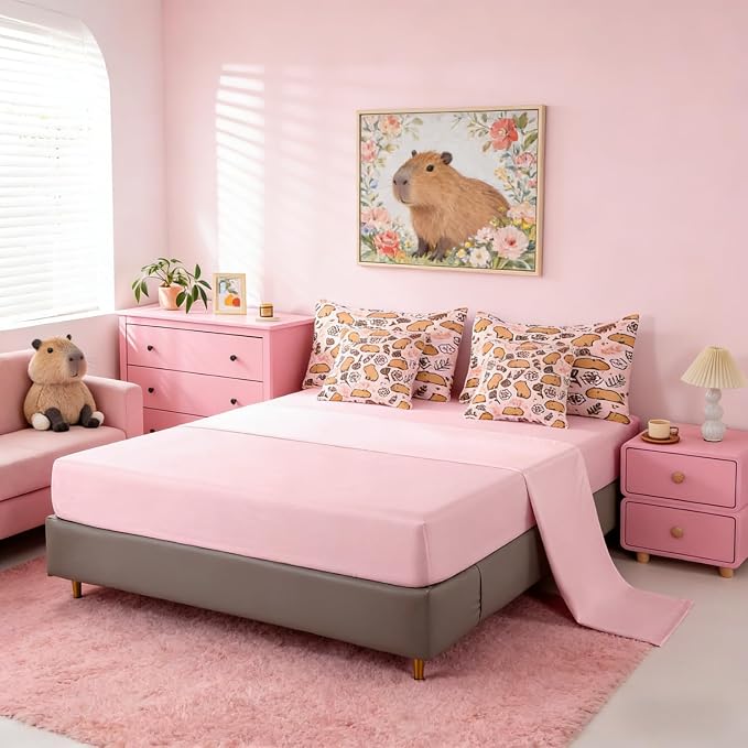 Erosebridal 7 Pieces Cartoon Capybara Bed in A Bag Full Size, Cute Animals Comforter Set with Sheets for Kids Boys Girls Women Men, Branches 7 Pcs Bedding Set, Florals Bedding Comforter Sets, Pink - Image 6