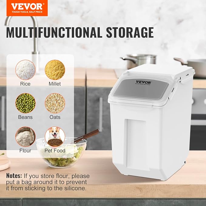 VEVOR Ingredient Storage Bin, 2 x 15L Dispenser Bin with 2 Measuring Cups, Attachable Casters and Airtight Lid, 2 Pcs/Set Dog Pet Food Storage Container, PP Material Kitchen Rice Cereal Flour Bin - Image 7