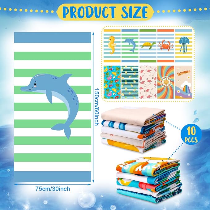 Buryeah 10 Pcs Beach Towels 30 x 60 Inch Quick Dry Absorbent Beach Blanket Seahorse Dolphin Turtle Crab Jellyfish Flamingo Pineapple Sunflower Towel for Kids Sports Pool Picnic Camping Travel Swim - Image 2