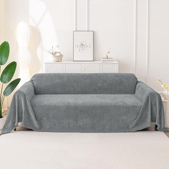Smiry Couch Cover for Dogs, Chenille Sofa Covers for 3 Cushion Couch | Washable Soft Sofa Slipcover for Pets, Thick Sectional Furniture Protector with Tassels (Grey, 71x91 Inch) - Image 10