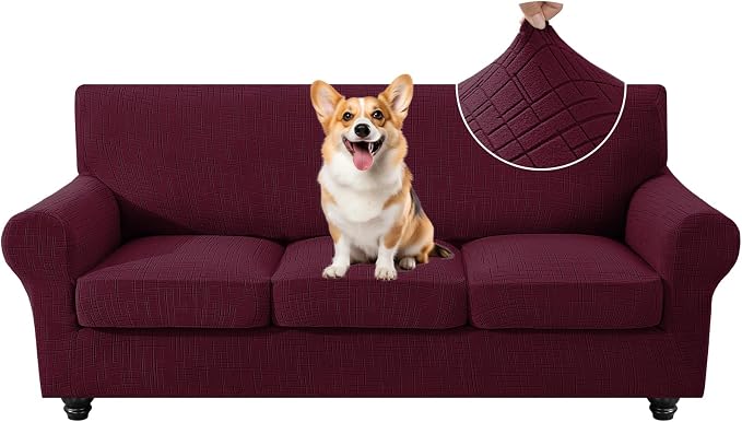 4 Piece Stretch Sofa Covers for 3 Cushion Couch, Non Slip Couch Covers for Sofa, Pet Couch Cover Washable, Couch Slipcover for Dogs, Kids (Burgundy), 91"-110" (3 Cushion XL Sofa) by CYCMACOHOME