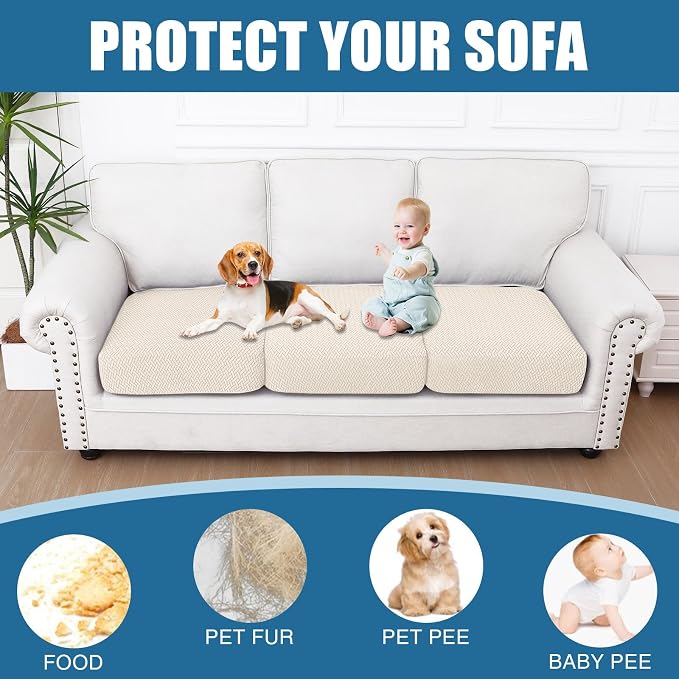 Smiry Waterproof Couch Cushion Covers, Non Slip Seat Cushion Covers | Stretch Jacquard Sectional Sofa Slipcover, Washable Elastic Furniture Protector for Pets, Kid, 3 Pieces, Light Beige - Image 5
