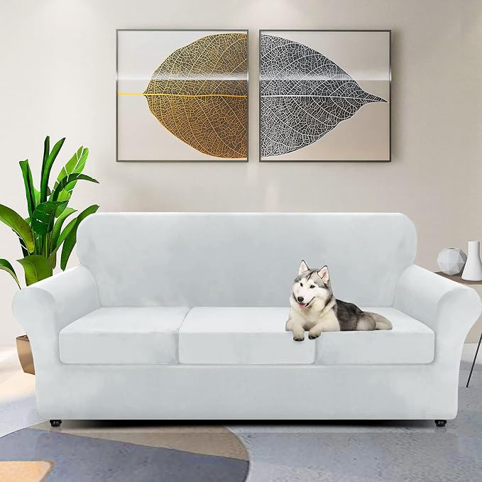 ZNSAYOTX Luxury Velvet Couch Cover 4 Piece (72"-92") Stretch Sofa Covers for 3 Cushion Couch Thick Soft Sofa Slipcover with Non Slip Strap, Dog Pet Friendly Nice Furniture Protector (Silver Grey) - Image 2