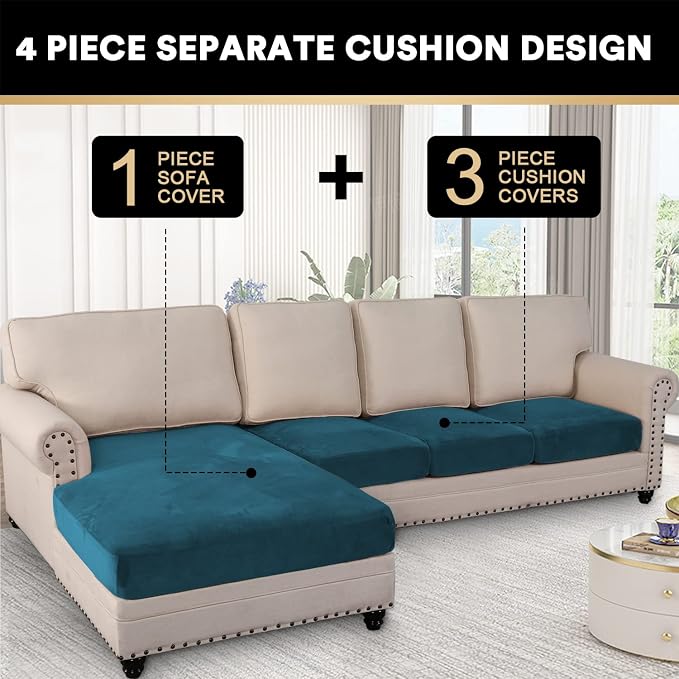 PrinceDeco Sectional Couch Cover 4 Pieces Couch Covers for Sofa Velvet Separate SlipCovers L Shape for Left/Right Chaise Sectional Couch(3 Seater + 1 Chaise,Deep Teal) - Image 3