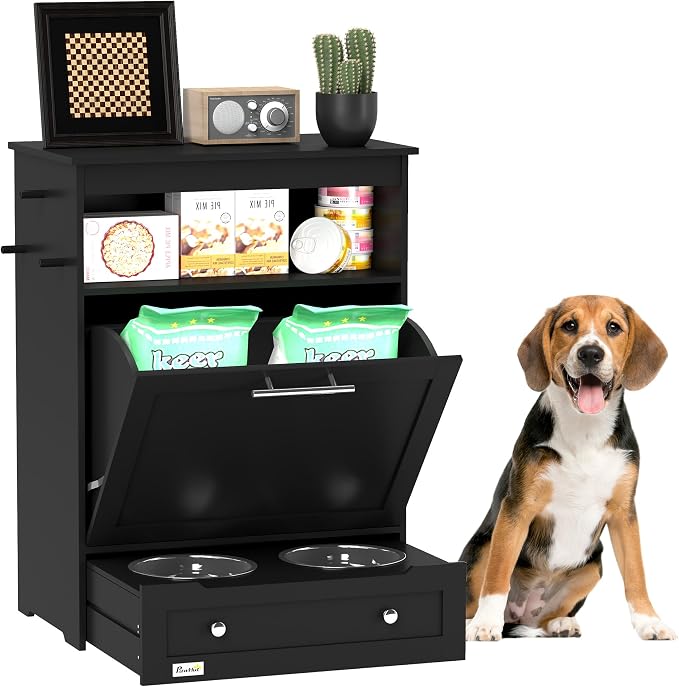 PawHut Dog Feeding Station with Raised Bowls, Pet Feeder Station, Black | Dog Food Storage Cabinet, Hanger for Feeding & Watering Supplies by PawHut