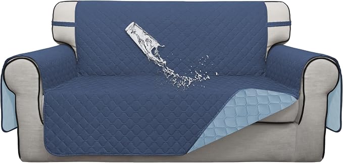 ISSUNTEX Double Protection 100% Waterproof Loveseat Covers for Living Room, Couch Covers for 2 Cushion Couch Sofa, Reversible Furniture Protector Sofa Cover for Dogs (Loveseat, Dark Blue/Light Blue) by ISSUNTEX