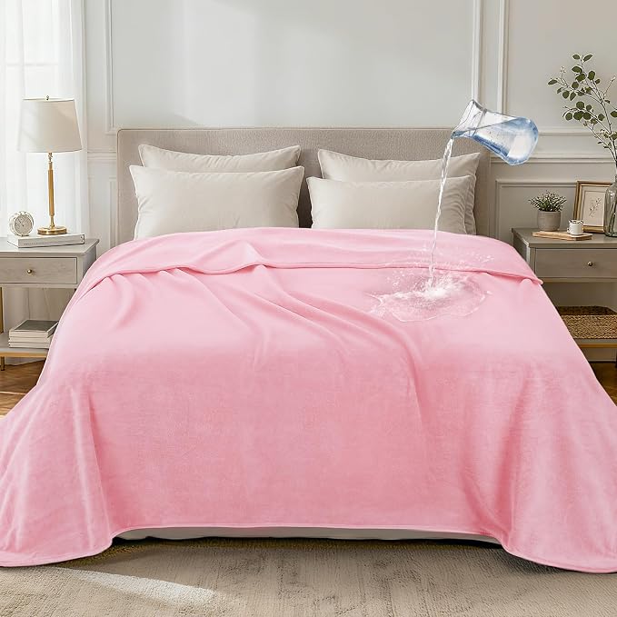 LOOBANI Waterproof Blanket for King Size Bed, Reversible Leakproof 85"x108" | Soft Flannel & Coral Fleece Bed Blanket, Water Resistant for Couch Sofa Cover, Movie Nights, Camping, Pet-Friendly, Pink by LOOBANI