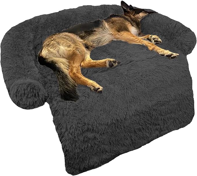 Calming Dog Bed Fluffy Plush Dog Mat for Furniture Protector with Removable Washable Cover for Large Medium Small Dogs and Cats (Large(45x37x6), Dark Grey) by GGIB