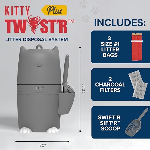 Red Rocket Kitty Twist'R Plus Cat Litter Disposal System, Litter Trash Can | Grey, Odor Control, Large Capacity, Holds Up to 12 Lbs, Includes 2 Size #1 Odor Blocking Bags, 2 Charcoal Sachets, Scoop - Image 2