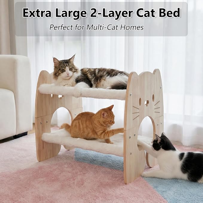 Elevated Cat Bed, Solid Rubberwood Cat Hammock Bed with Soft Breathable Cover, Double Pet Beds for Multi-Cats Households Small Dog Rabbit - Image 2