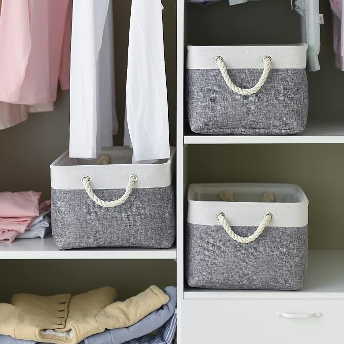 TheWarmHome Organization and Storage Basket for Organizing- 16x12x8 inch 1 Pack Fabric Storage Cubes, Collapsible Storage Bins for Shelves Organizer Gift Closet Cloth Toy (White & Grey) - Image 5