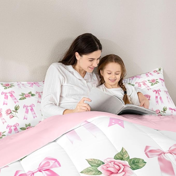 Manfei Pink Bow Tie Print Boys Girls Comforter Set Full Size,Floral Bowknot Duvet Set Teens Bedroom Decor,Dreamy Princess Style Flower Microfiber Soft Bedding 3PCS - Image 5