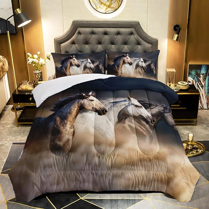 QOOMO Horse Comforter Queen Size,Galloping Horse Comforter Set for Kids Teens Girls Boys,3Pcs Bedding Set Printed Comforter with 2 Pillowcases,Soft and Lightweight，Queen Size by QOOMOHOME